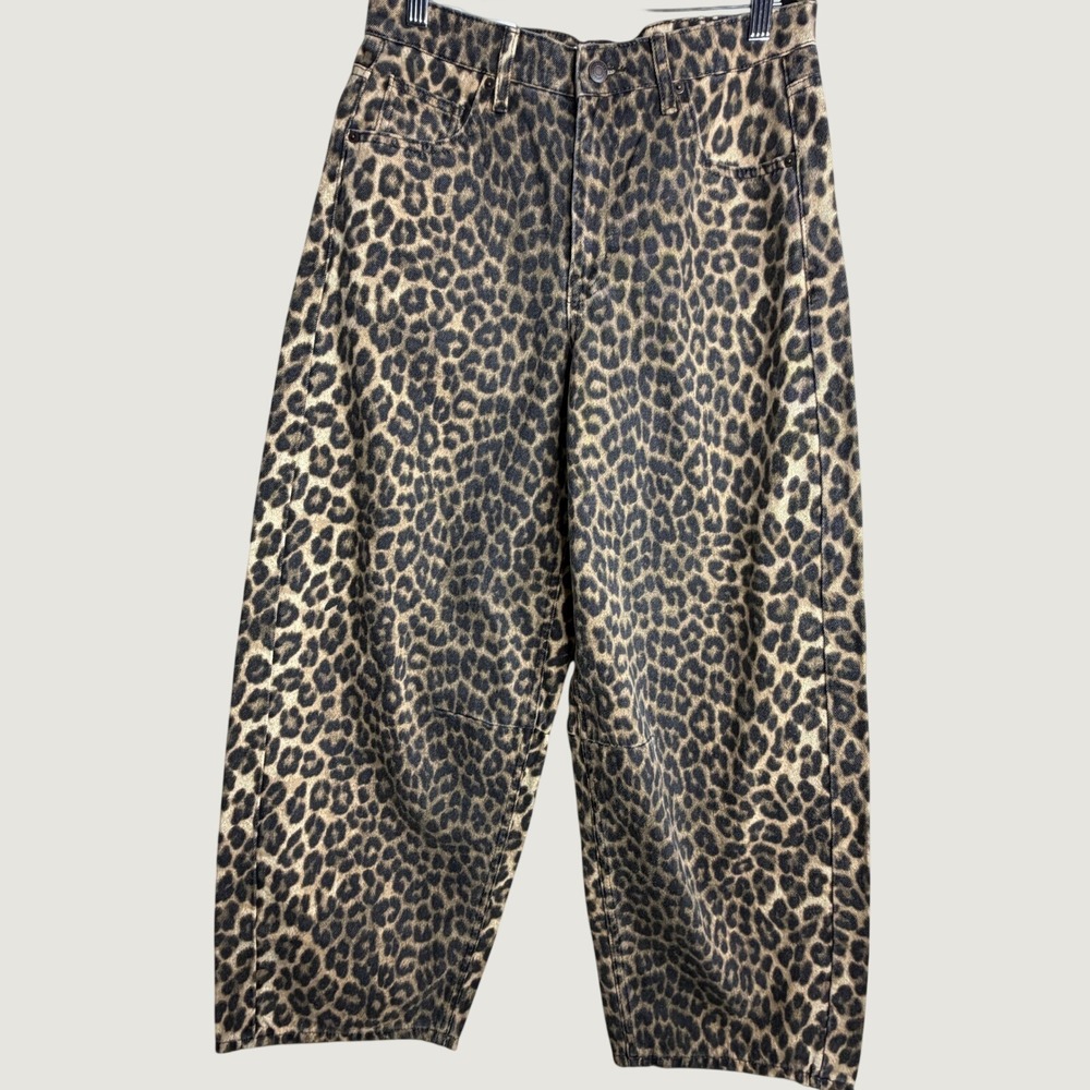 H&M Leopard Print Barrel Leg Jeans High Waist Ankle Length Brown US 6 NWT